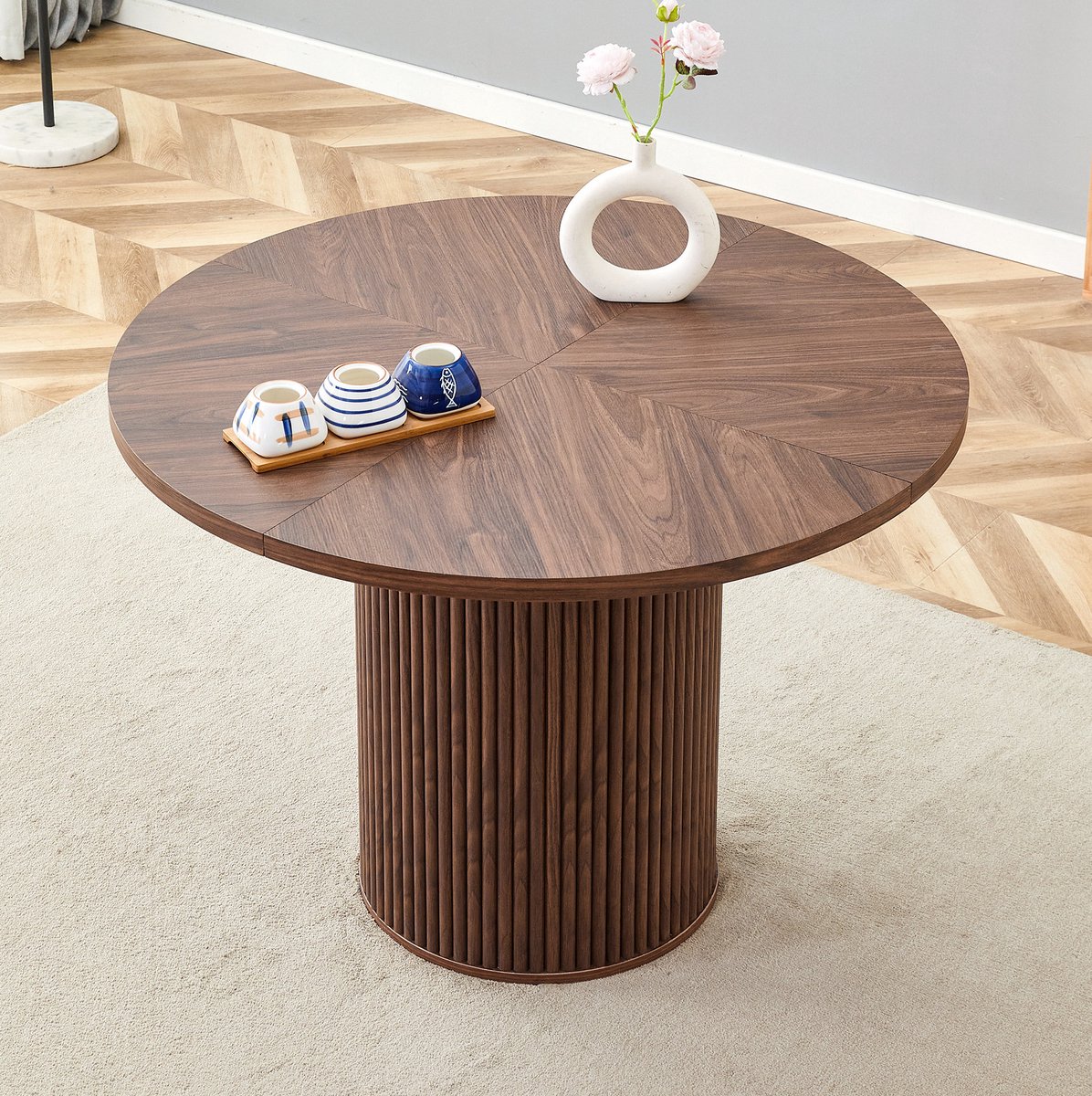 MIVRAY Eettafel - Ronde MDF Tafel Met Metalen Steun En Cilindrische Voet - Voor 4 Tot 6 Personen - Walnootkleur - 100 x 100 x 76 Cm