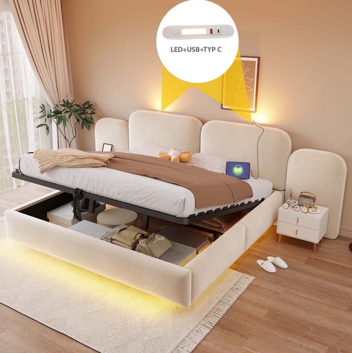 STILVORA Gestoffeerd Bed 180x200 cm – Hydraulische Opbergruimte & Ledverlichting – USB-C Aansluitingen – Lattenbodem – Zonder Matras – Beige