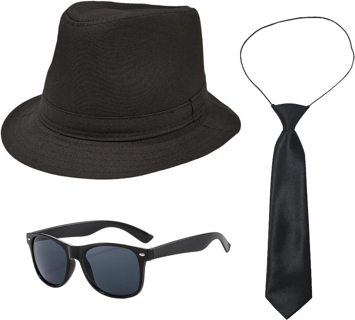 Gangster Kostuum voor Volwassenen met Zwarte Fedora Hoed, Zwarte Stropdas en Zonnebril voor 20s en 90s Themafeesten