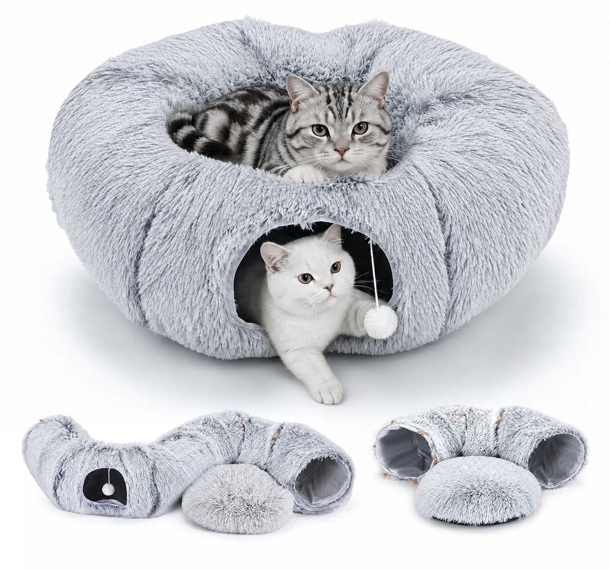 Seth Select Kattentunnel 3-in-1 – Opvouwbare Kattentunnel met Zacht Pluche Kussen – Kattenbed & Speelplek – Wasbaar - Grijs