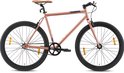 Koperkleurige damesfiets met bruin zadel, zwart stuur en zwarte banden.