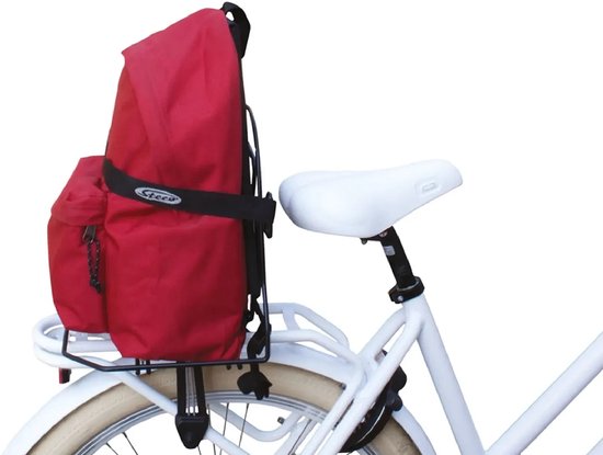 Zwarte bagagedragerverbreder met een rode fietsmand met Steco-logo, gemonteerd op een fiets.