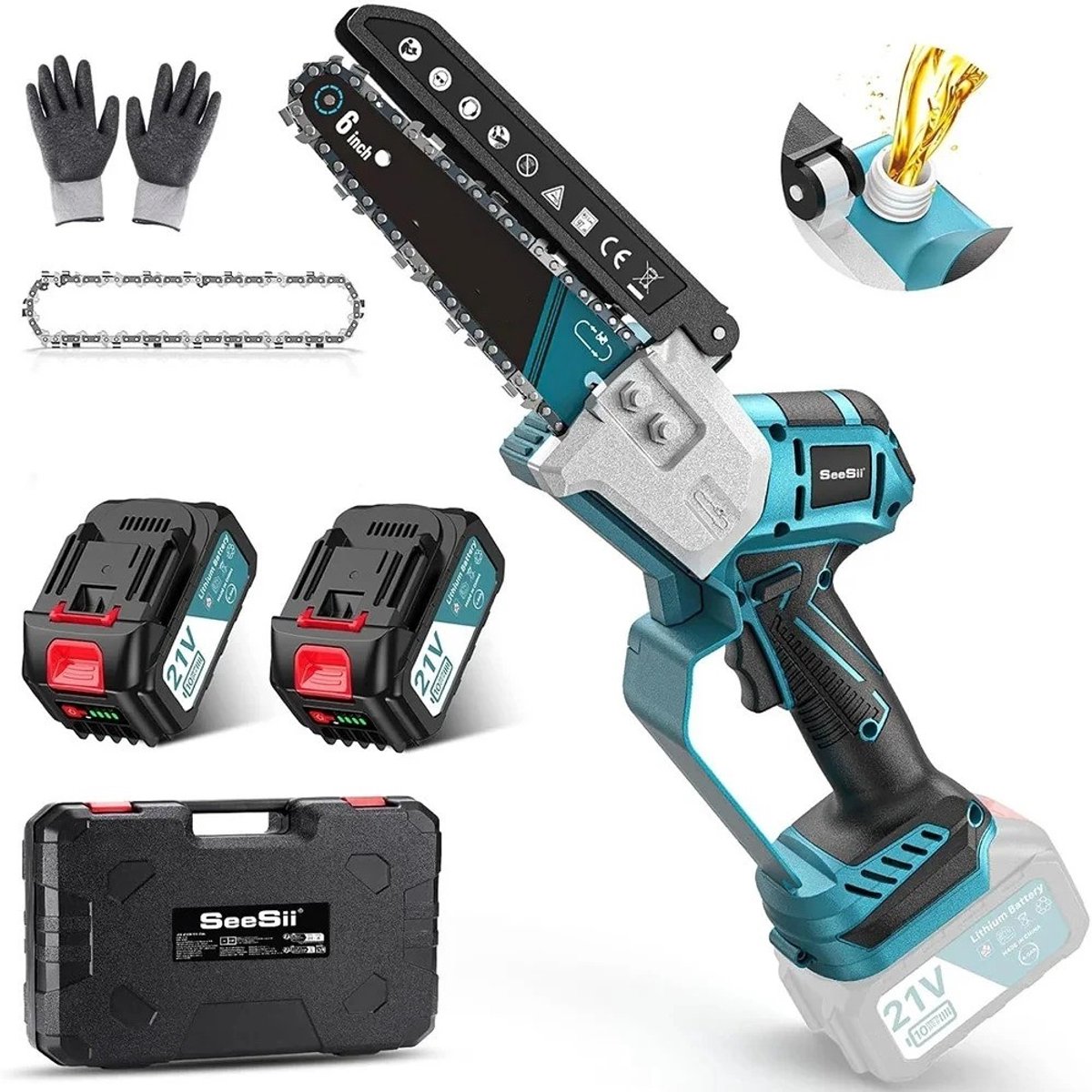 GDE - Accu Mini Kettingzaag 15 cm – 21 V - Draadloze Snoeizaag - Automatische Kettingsmering – 2 Accu’s - Reserveketting - Handschoenen - Koffer