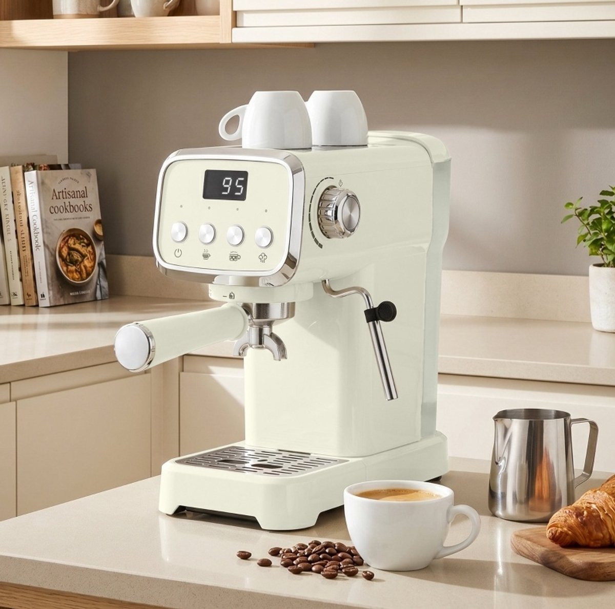 REDOM - Espressomachine - 20 bar pompdruk - Halfautomatisch met stoompijpje - Heetwaterfunctie en kopjeswarmer - Keuken - ABS en roestvrij staal - Crèmewit - 32 x 17 x 31 cm