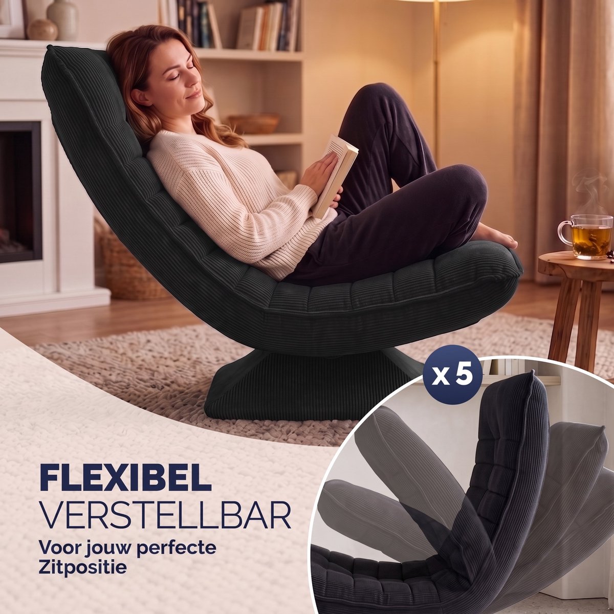 Casaria Casaria Cord Zwarte Relaxstoel - afbeelding 4