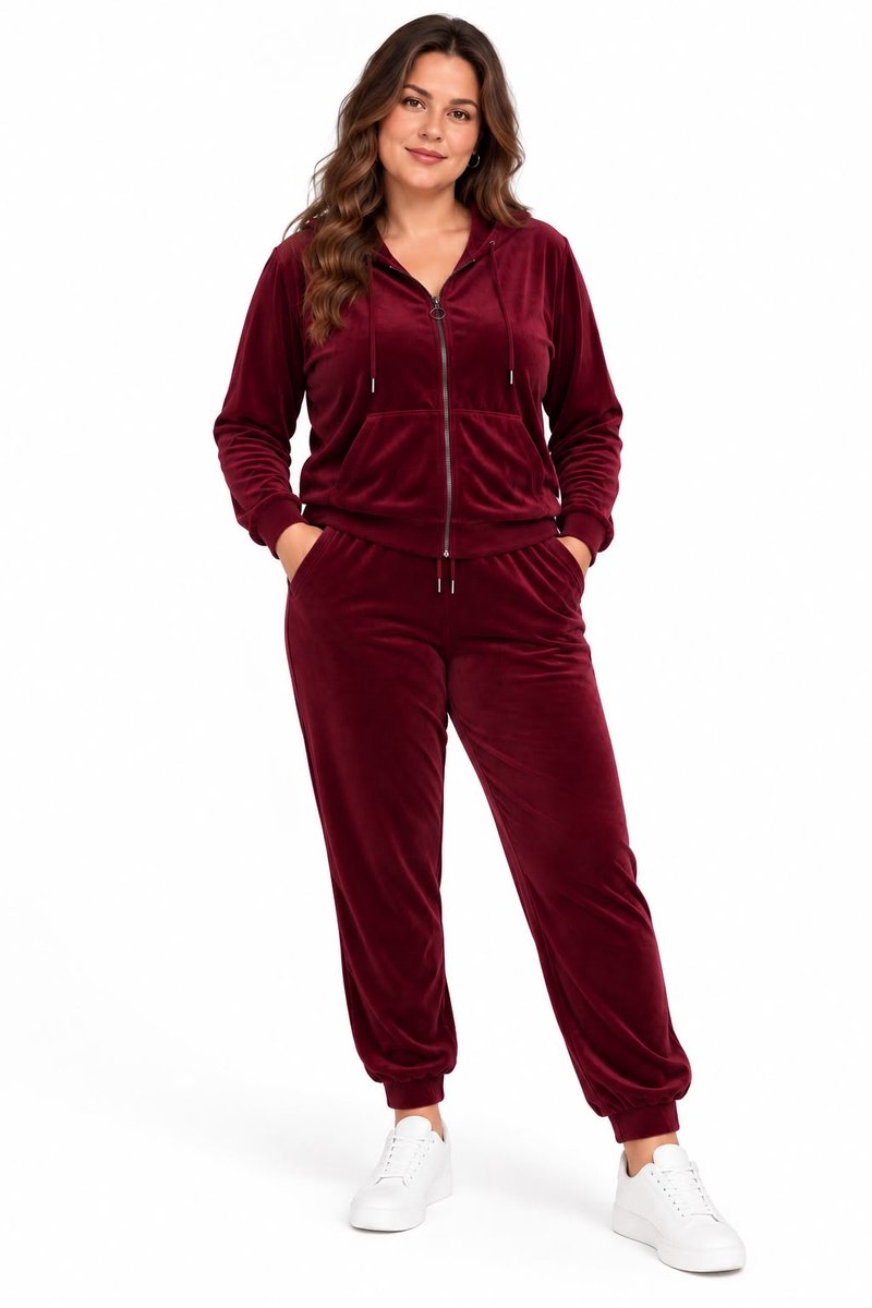 Dames Velours Huispak-Capuchon, Rits, Joggingpak,2XL/3XL(44-46)-NGHP-W26001 Bordeaux
