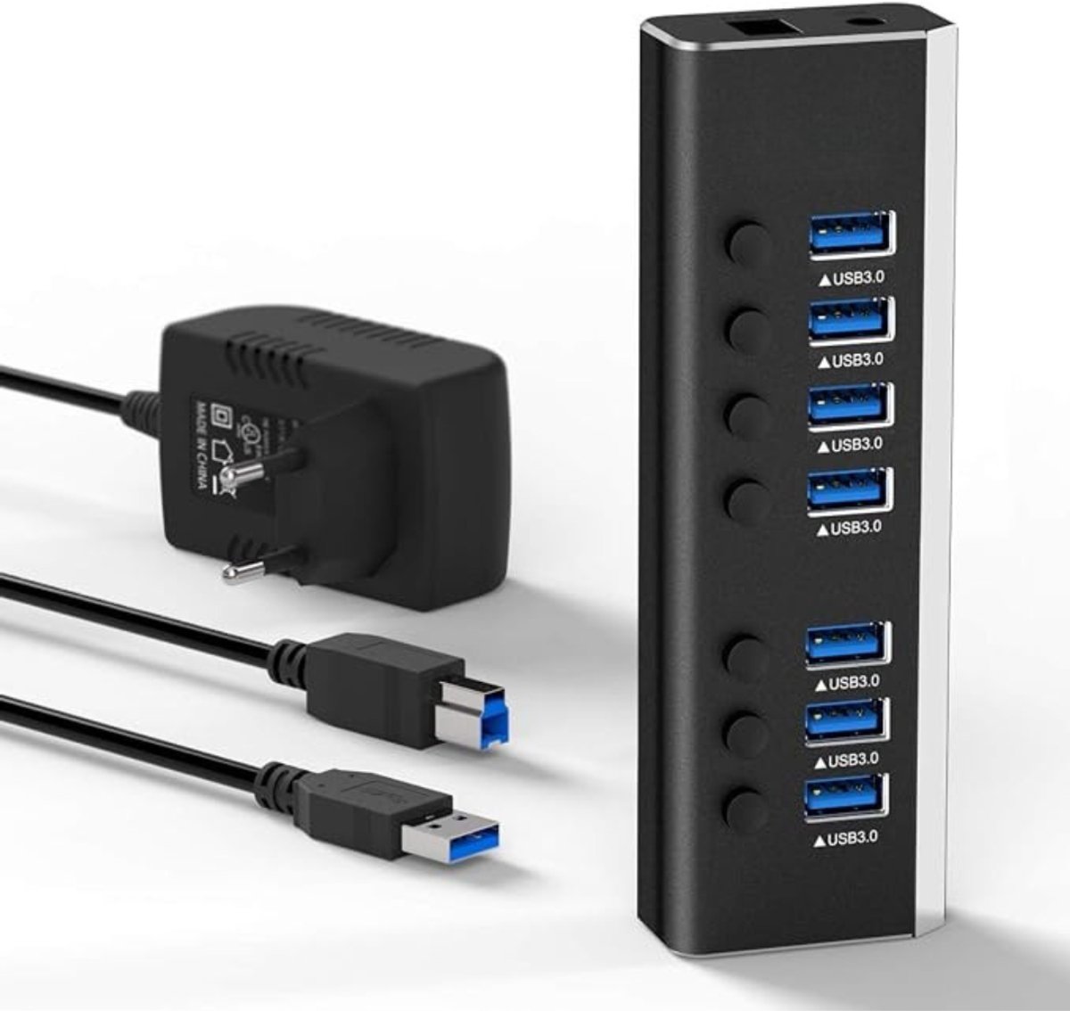 Levo® USB Hub met Voeding - USB Hub - USB Splitter - 7 Poorten - Zwart - 14cm x 5cm x 3cm