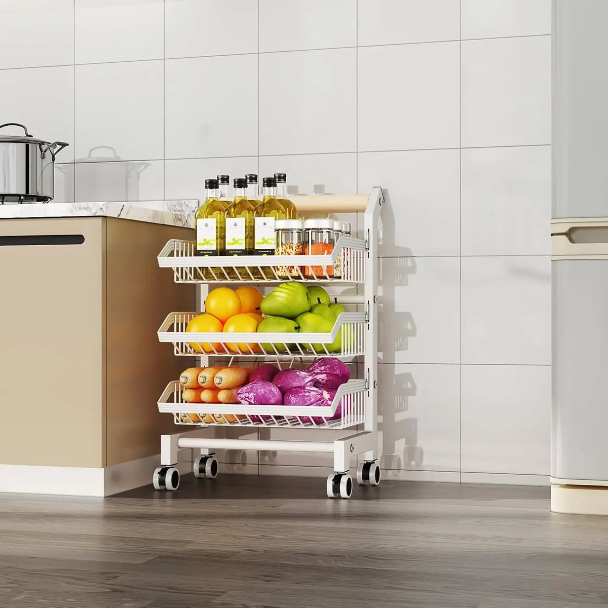 Groente-opbergrek - Voor Keuken of Badkamer - 5-laags - Koolstofstaal met Houten Handvat