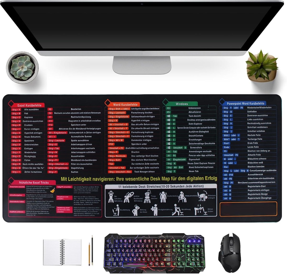 Grote Excel Muismat met Duitse Sneltoetsen, Ideaal voor Kantoor, Word en PPT, 900 x 400 mm