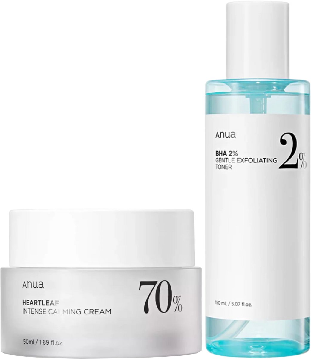 K-beauty Anua 2 Pieces Combi - Anua BHA 2% gentle exfoliating toner 150ml and Anua heartleaf 70% intense calming cream 50ml.