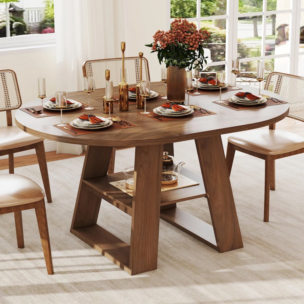 MIVRAY Uitschuifbare Eettafel - Ronde Tafel Met Opbergruimte Voor 4 Tot 6 Personen - MDF In Walnootkleur - 150 Bij 110 Bij 75 Cm
