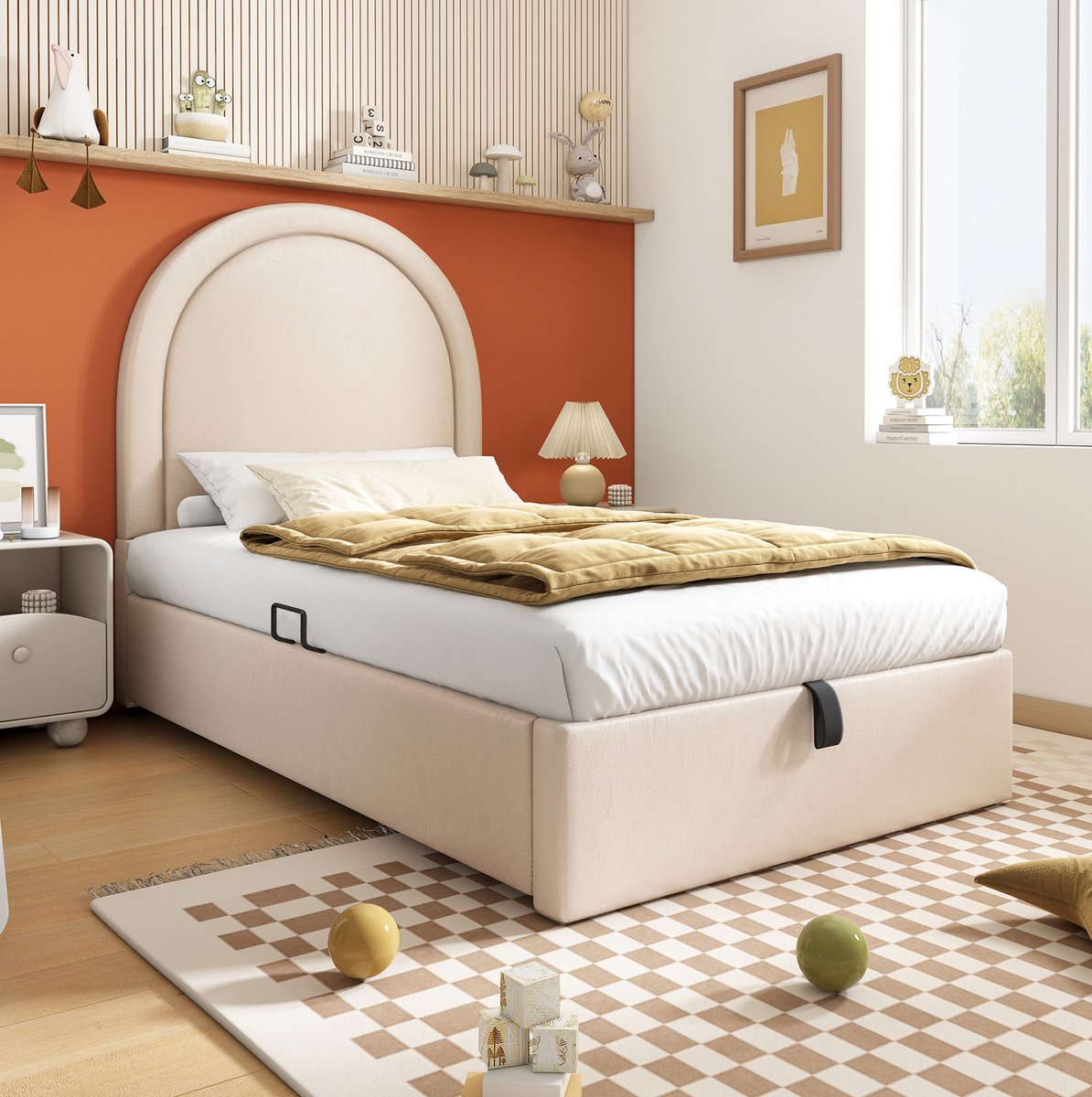 WUVRIE Kinderbed 90x200 cm met opbergruimte, PU-bekleding en 7-zones matras, beige