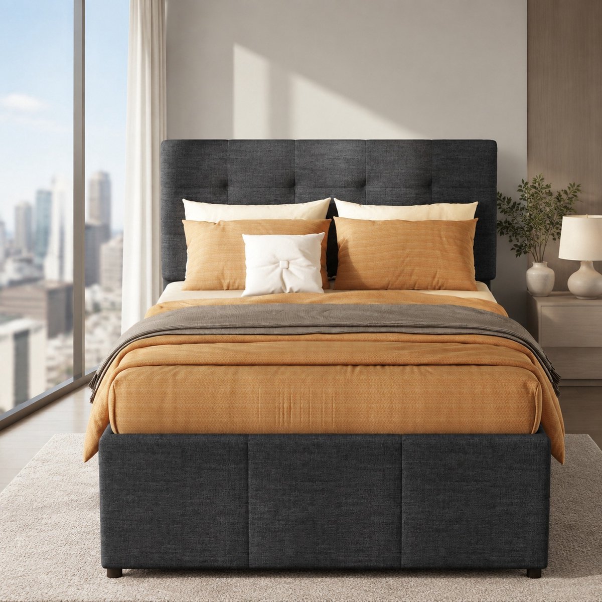 WUVRIE Gestoffeerd bed 90x200 cm met uitschuifbaar logeerbed, 3 lades en verstelbaar hoofdeinde, grijs
