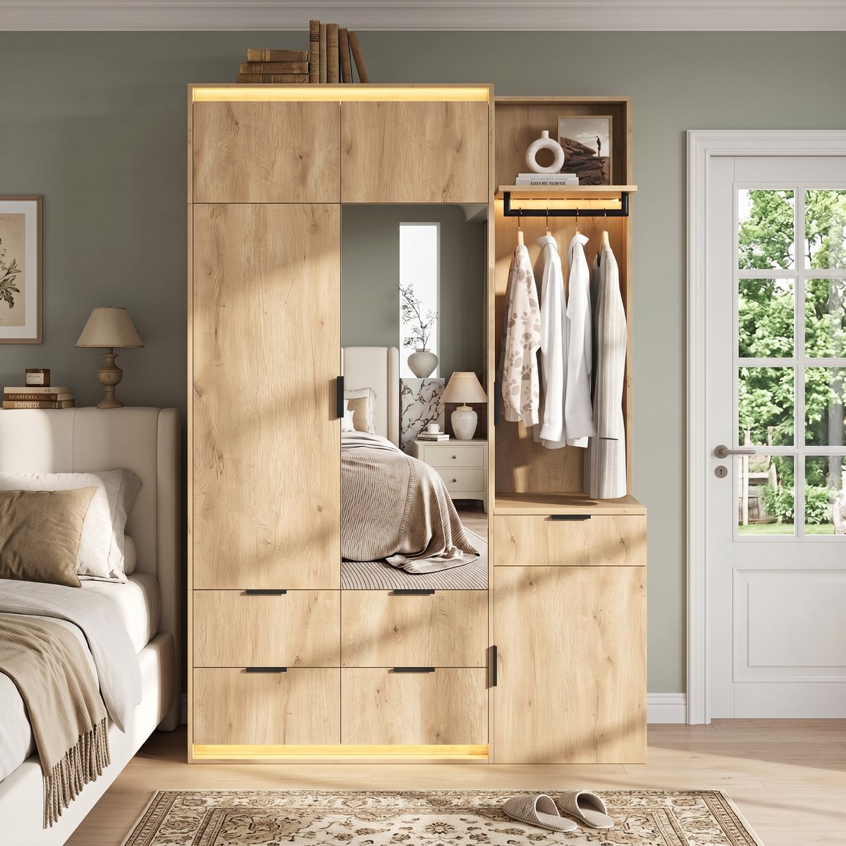 MIVRAY Kledingkast - Met Spiegel En Drievoudige Ledverlichting - Voor Slaapkamer En Hal - MDF Eikenlook - 135 X 47 X 200 Cm Eikenkleurig