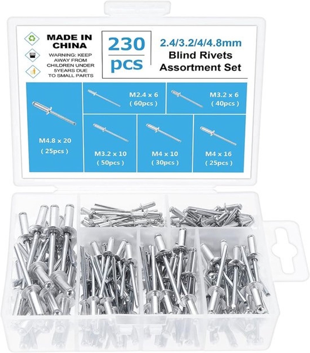Assortiment klinknagels - Set bevestigingsmateriaal - Voor metaal, hout en kunststof - 230 stuks in 6 maten - 2.4, 3.2, 4 en 4.8mm - Aluminium