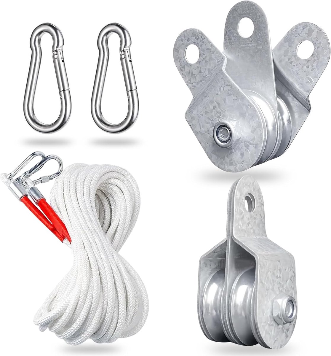 2 pcs Double Pulley with 2 Ball Bearings, Galvalume Steel Pulley with 10 Meters (6 mm) Nylon Rope and 4 Connections - ShopVlot