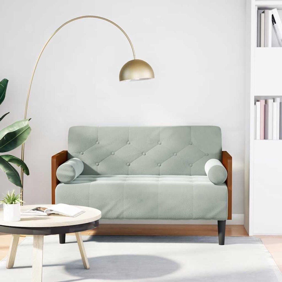 Tweezitsbank met nekkussens sofa en fluwelen bekleding 110 cm lichtgrijs voor woonkamer met stabiele multiplex elementen en comfortabele bekleding