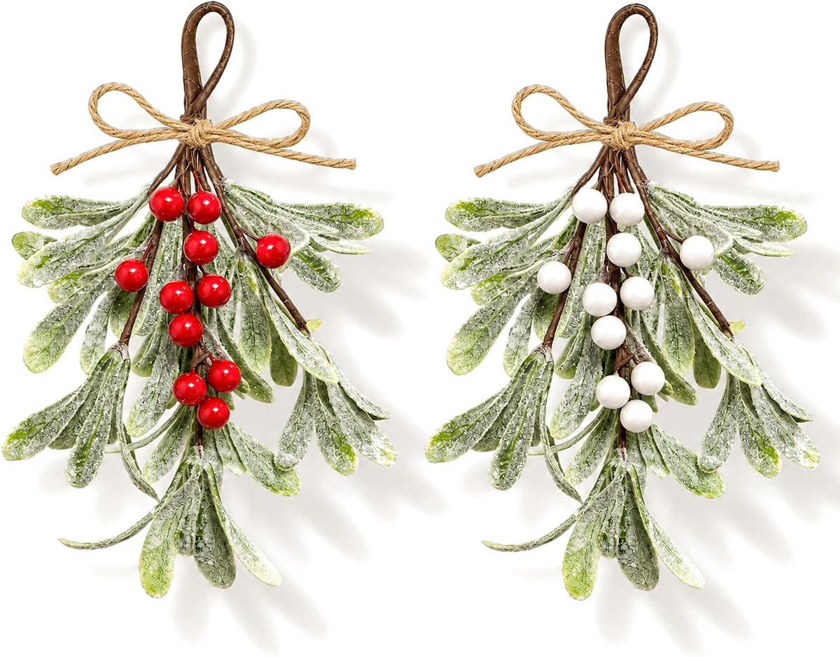 4 stuks kerstdecoratie, mistakken, om op te hangen, kunstmarijstakken om op te hangen, kerstboomaccessoires voor Kerstmis (rood + wit)