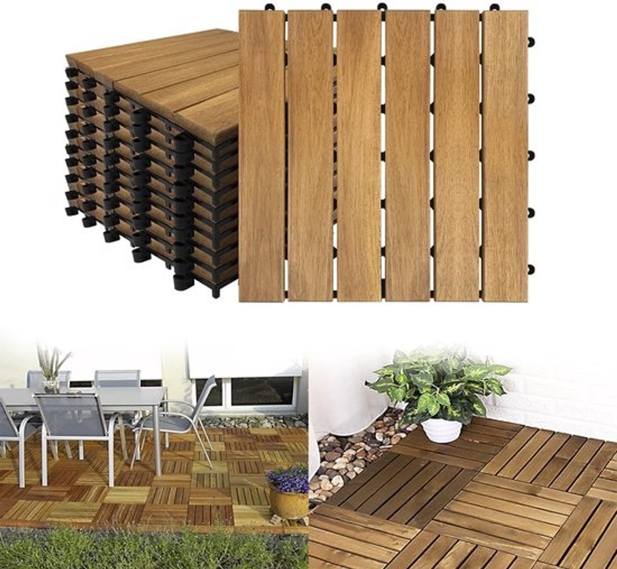 Houten balkontegels - Kliktegels voor de tuin - Buiten vloerbedekking - Acaciahout met drainage - 30 x 30 cm - Bruin