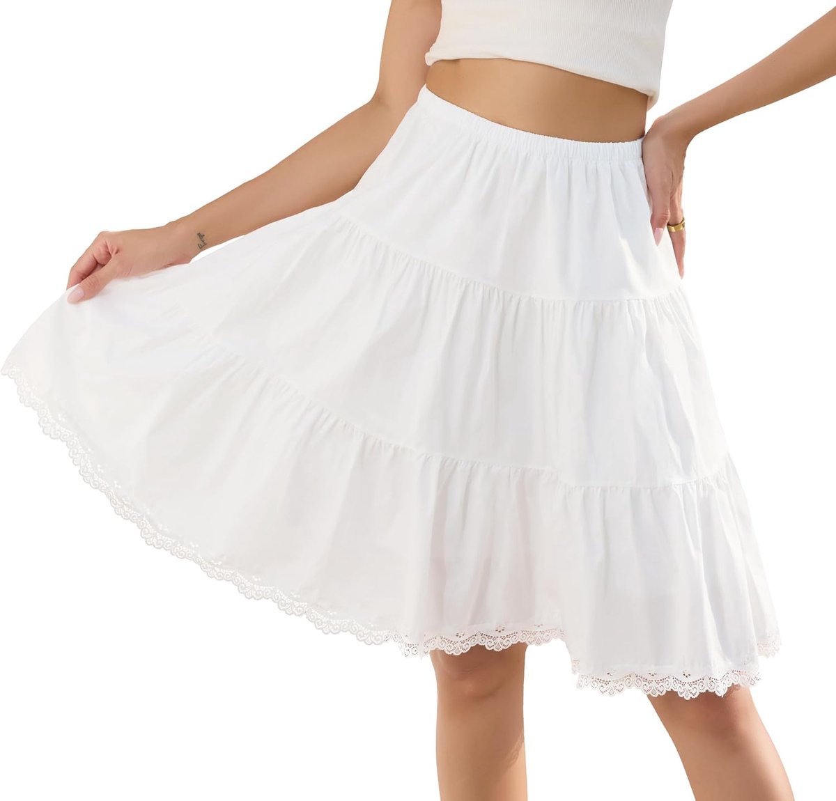 Vlazom Women's Midi Skirt Made of Cotton, Lace Hem and Elastic Waistband, Soft and Comfortable, Plain and Elegant - ShopVlot