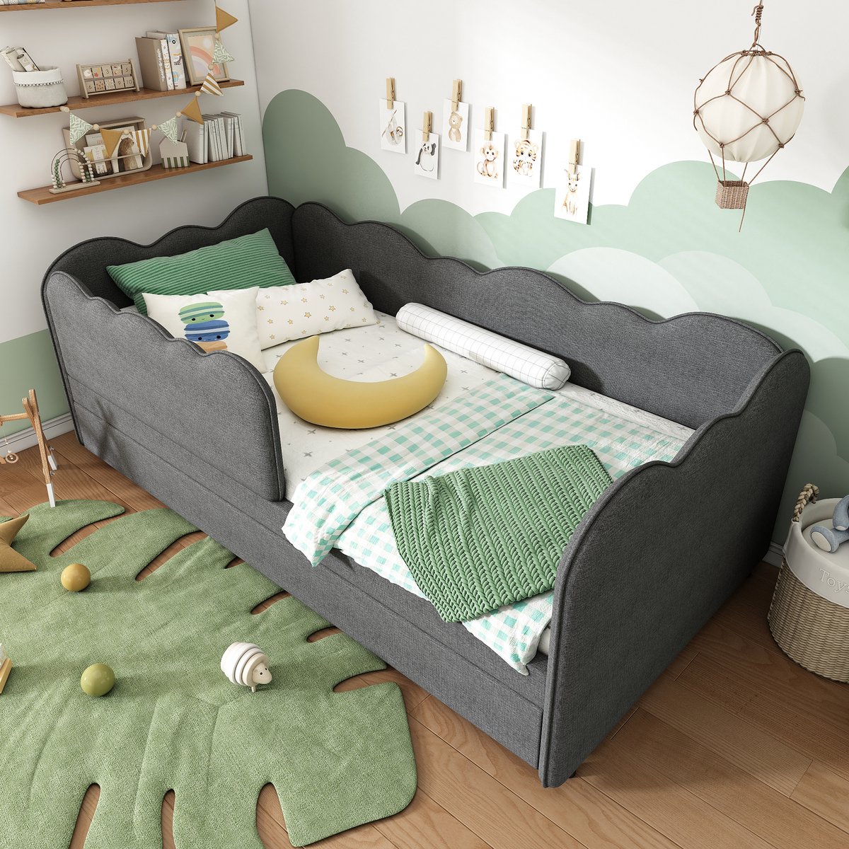 WUVRIE Kinder-slaapbank 90x190 cm met uitschuifbed en lattenbodem, grijs