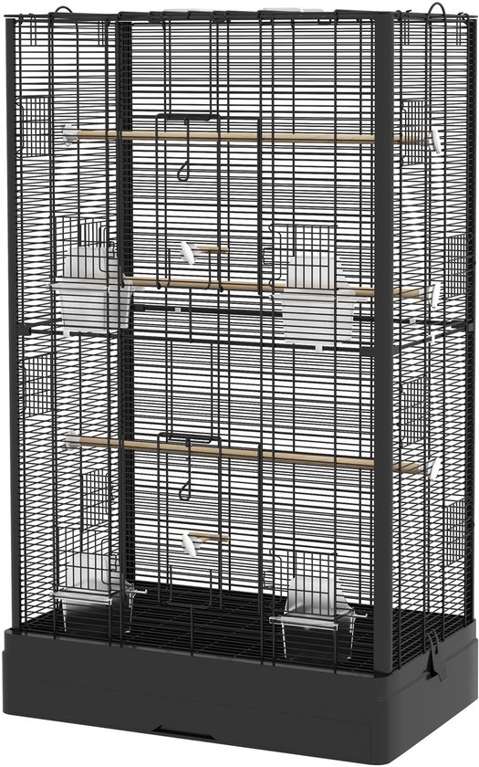 Cage à oiseaux noire avec deux perruches jaunes sur des perchoirs, quatre mangeoires et une base noire.