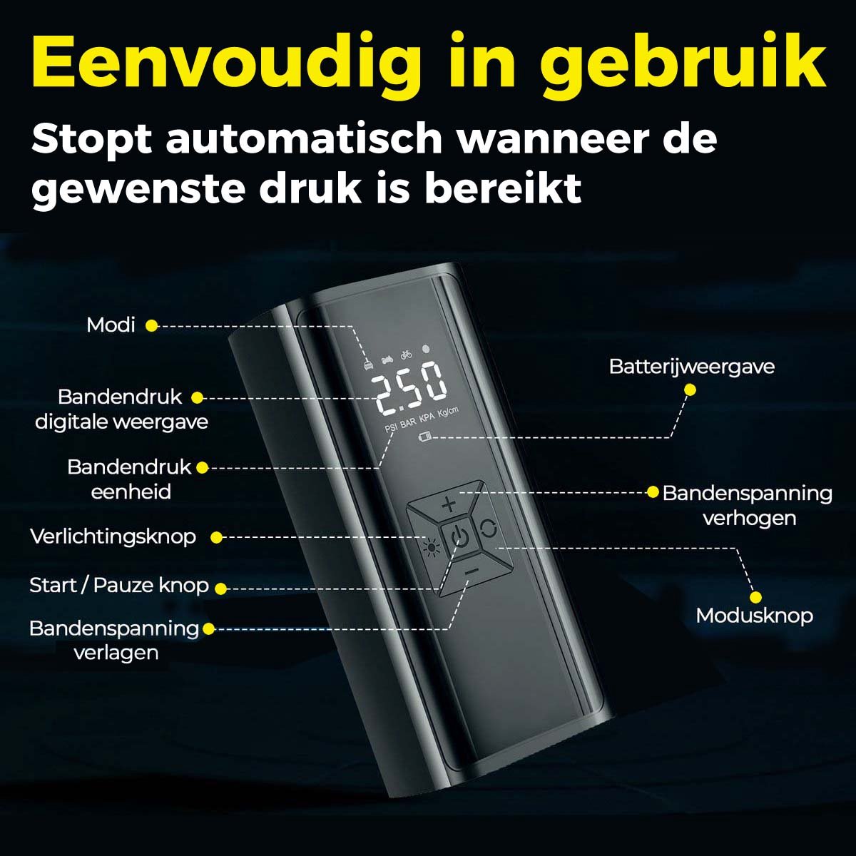 Compressor Bandenpomp - Draagbare Luchtcompressor - 7000Mah - Elektrische Fietspomp Voor Fiets Auto Motor Bal Luchtbed - Zwart, 16 x 8 x 6 cm thumbnail 3
