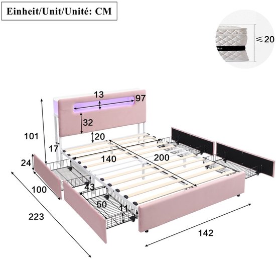 Maattekening van roze bed 140x200cm met led-verlichting en vier laden.