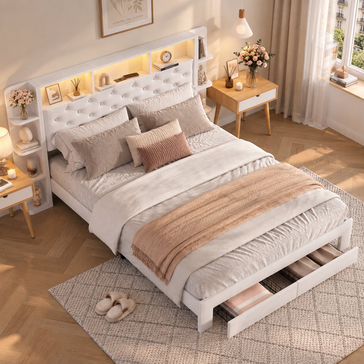 MEXUS Tweepersoonsbed 140x200 met 2 lades en nachtkastje, met led- en usb-aansluiting, opbergbed met lattenbodem en hoofdbord, bedframe voor volwassenen en tieners, fluweel Wit Beige
