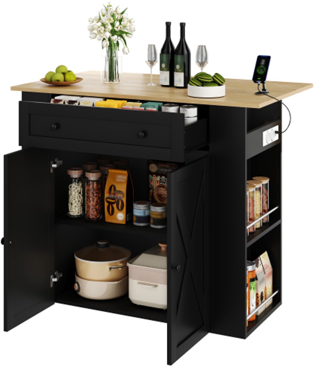 Rolipo Keukeneiland Met Uitklapbaar Werkblad-Koffiebar Met Stopcontacten En USB-2 Deuren En 1 Lade-120 x 75 x 97 cm-Keuken En Woonkamer-Zwart Black