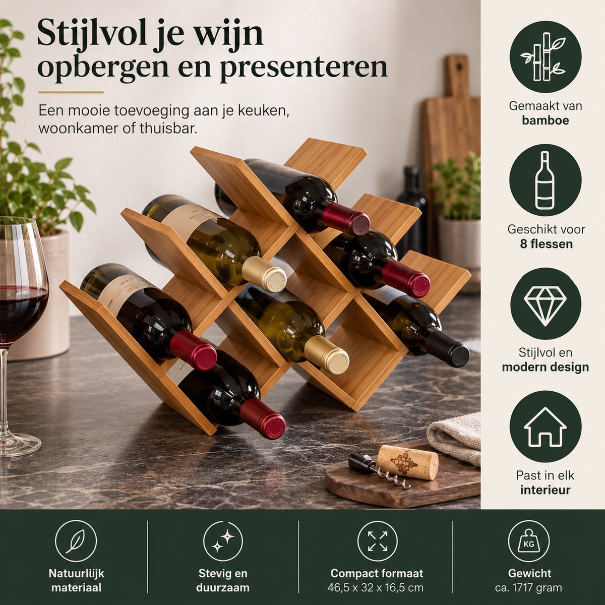 Bamboe Wijnrek voor 8 Flessen – Houten Flessenrek – Wijnflessenhouder – Vrijstaand Wijnrek – 46,5 x 32 x 16,5 cm – Bruin — cadeau in Wonen & Interieur - foto 3