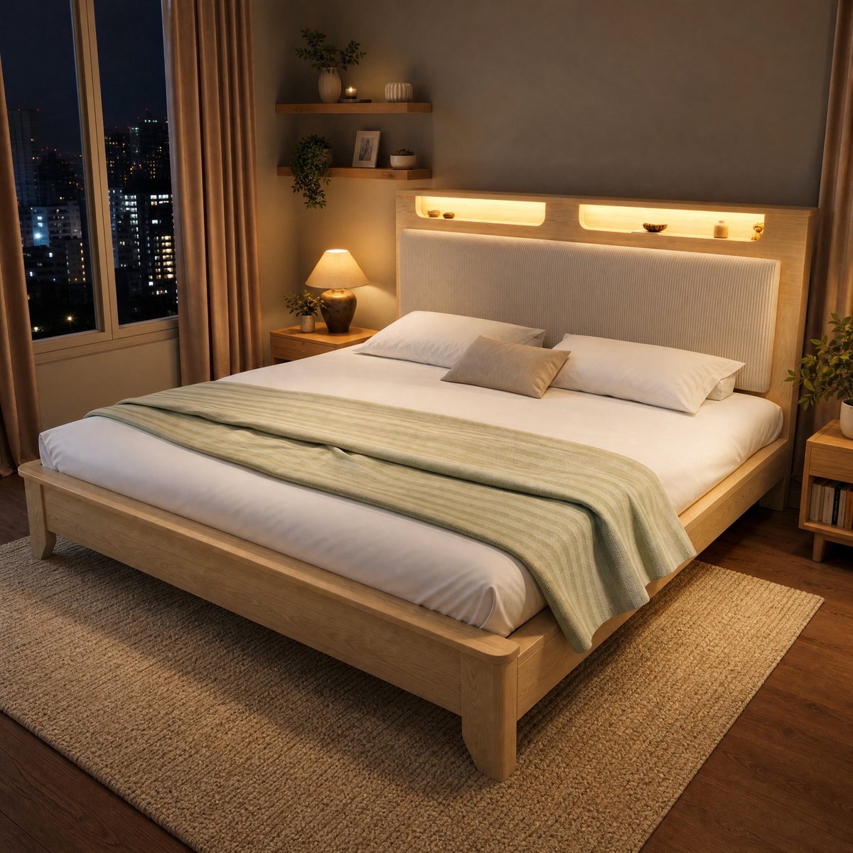 WUVRIE Tweepersoons bed 180x200 cm met LED-hoofdbord, opbergruimte en beige corduroy rugleuning