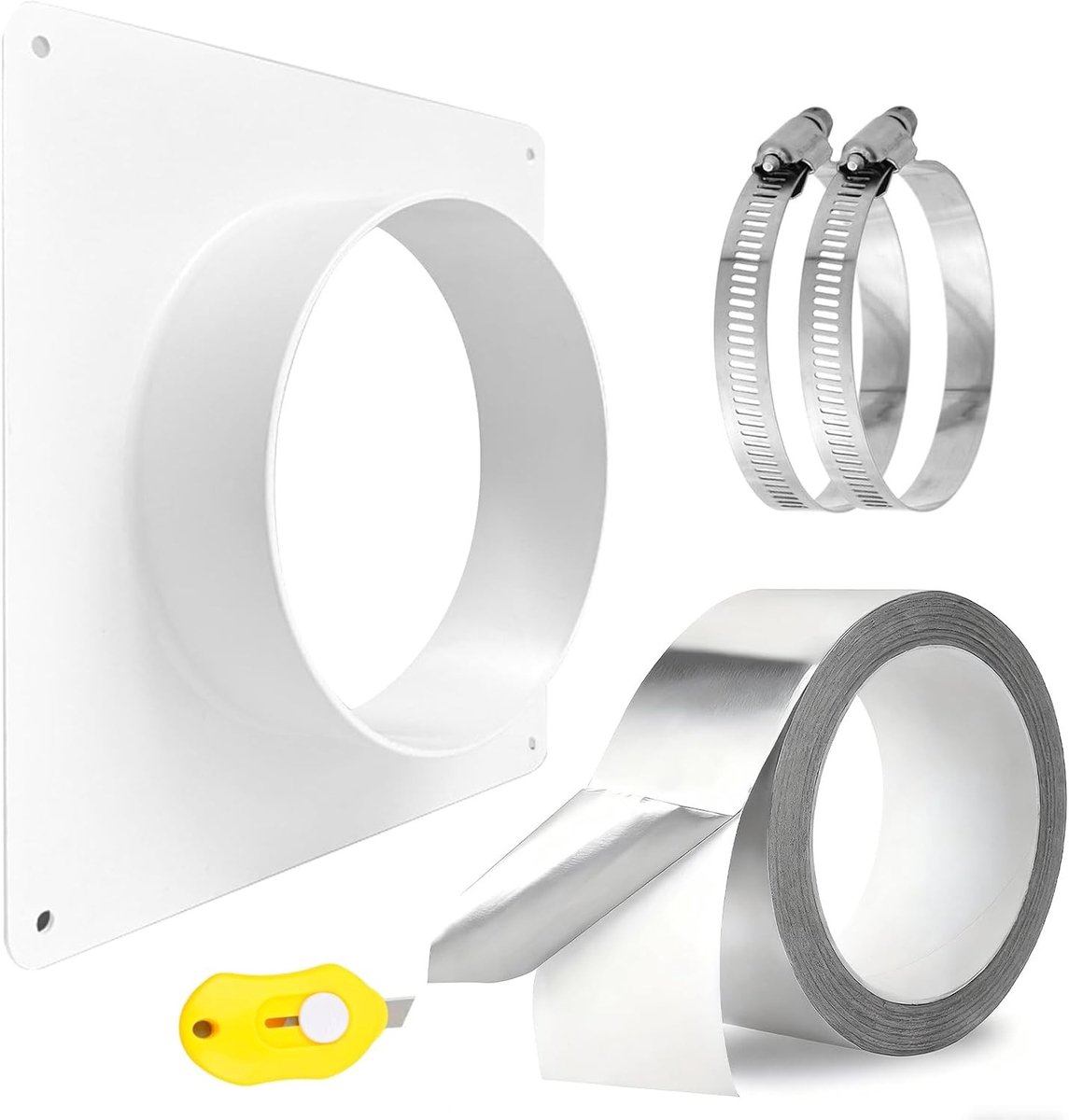 Verbindingselement voor ventilatiebuizen, 150mm, kunststof, met RVS slangklemmen en aluminium folie tape voor optimale luchtstroom en installatie