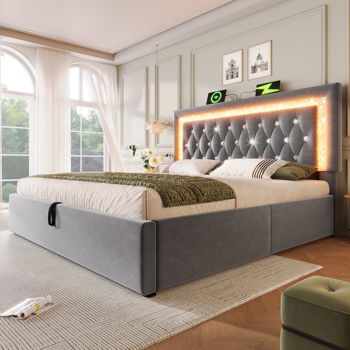 AURA LUMEN Gestoffeerd bed-Tweepersoonsbed-160 x 200 cm-Bed met LED en USB-Bed met hoofdbord-Hydraulisch bed-Grijs