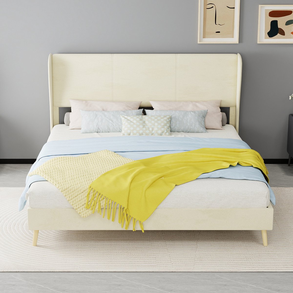 AURA LUMEN-Gestoffeerd bed-Tweepersoonsbed-160 x 200 cm-Pluizig hoofdbord-Zacht beige