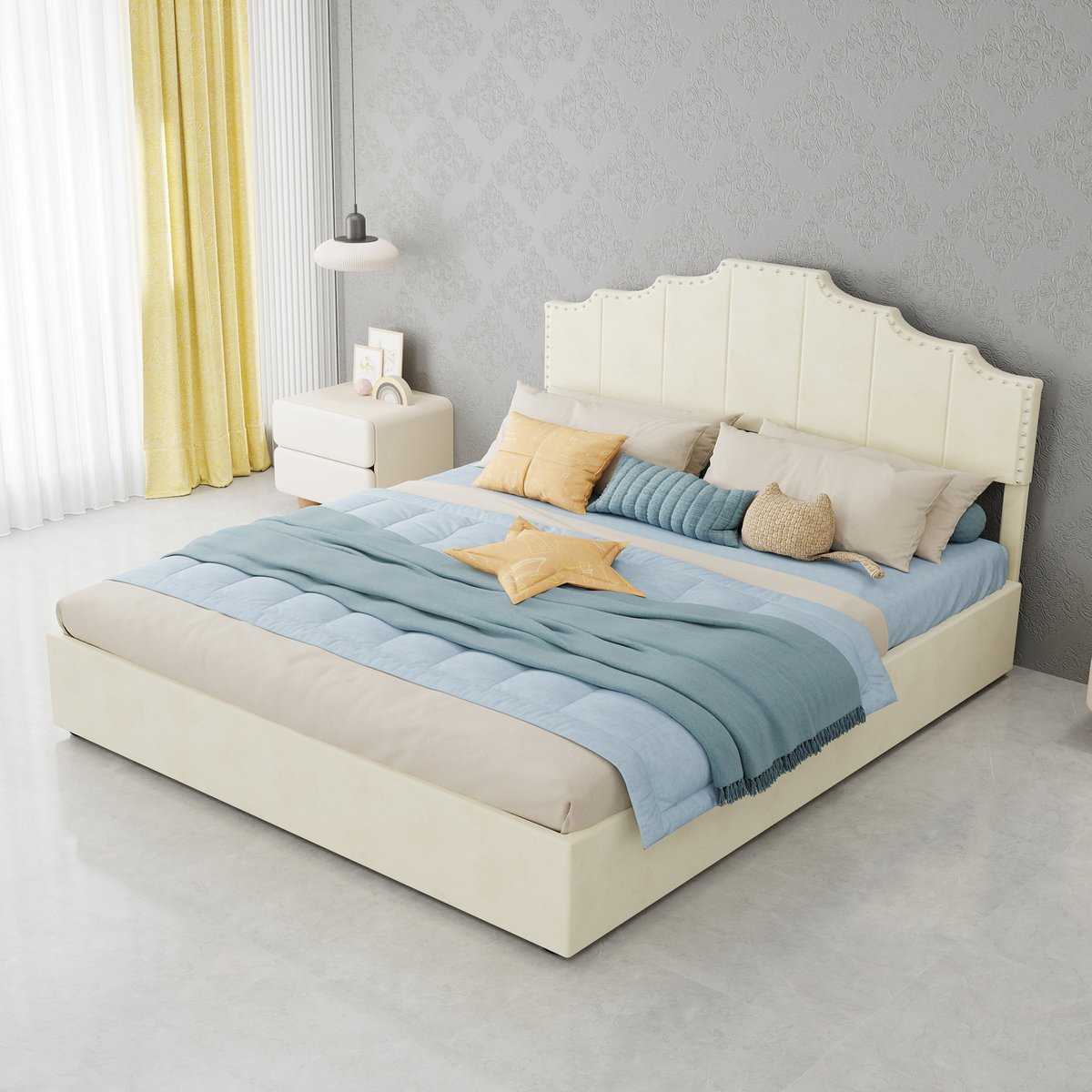 AURA LUMEN-Gestoffeerd bed-Tweepersoonsbed-160 x 200 cm-Hydraulisch bed met opbergruimte-Bed met hoofdbord-Beige