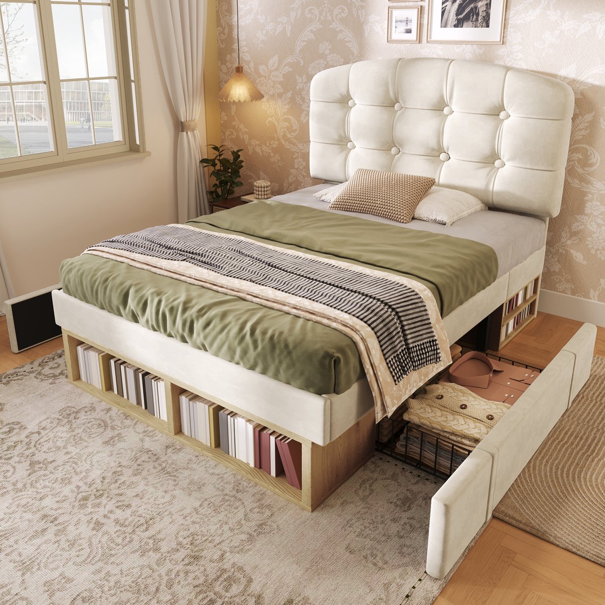 AURA LUMEN Gestoffeerd bed-Eenpersoonsbed-90 x 200 cm-Bed met hoofdbord-hoogteverstelbaar-bed met lades-beige
