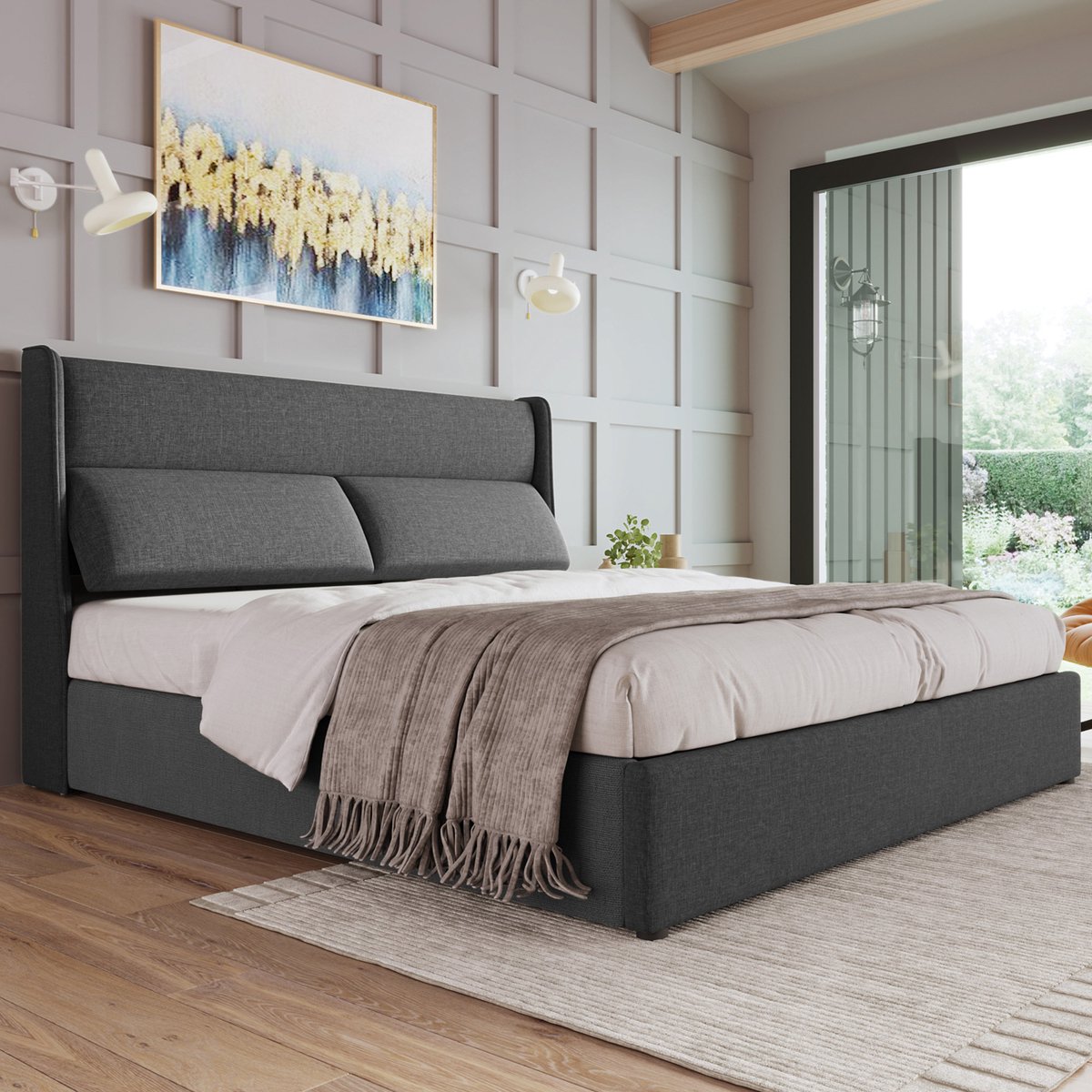 AURA LUMEN Gestoffeerd bed Tweepersoonsbed 160x200 cm Hydraulisch bed met opbergruimte Verstellbare kopfstützen Linen Grijs