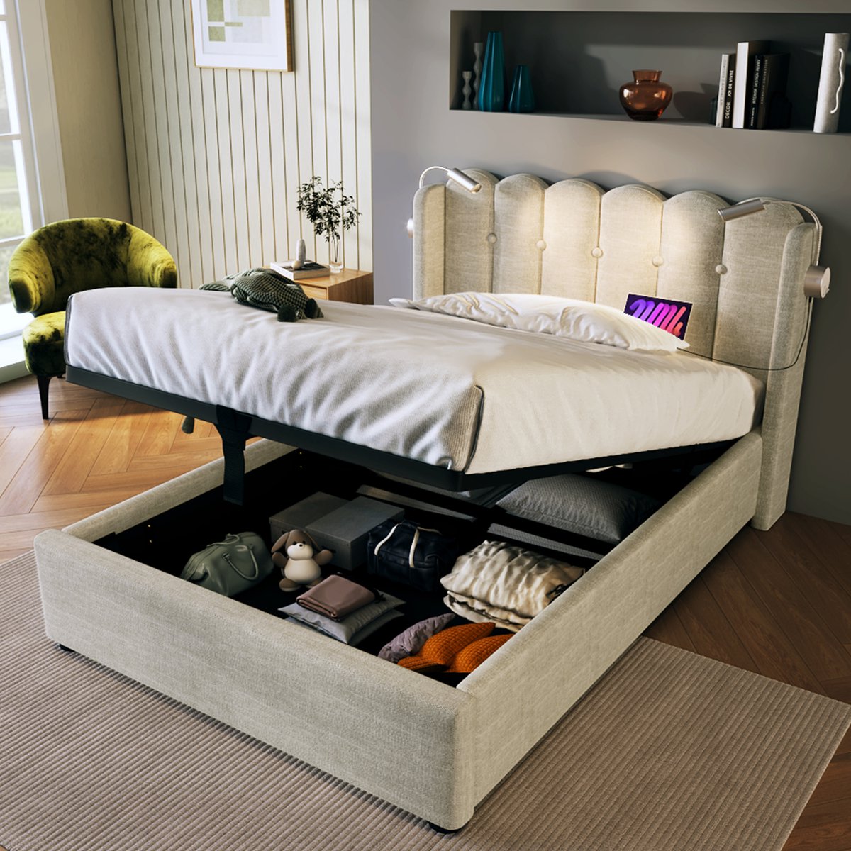 AURA LUMEN Gestoffeerd bed-Eenpersoonsbed-90 x 200 cm-Bed met LED en USB-Bed met hoofdbord-Natuurlijk-Zonder matras