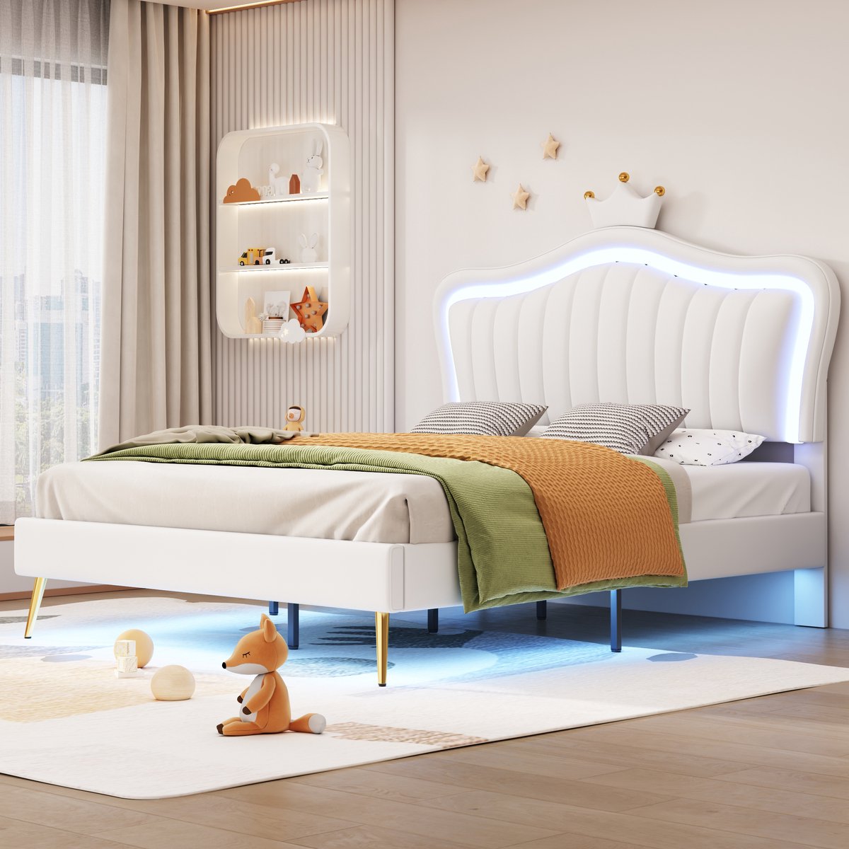 AURA LUMEN Gestoffeerd bed Twijfelaarbed 140 x 200 cm met LED-verlichting en hoofdbord wit