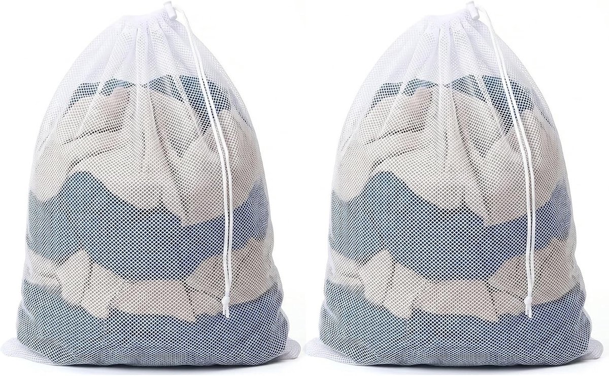2 Stuks Waszakken 70x90cm, Fijne Mesh Waszak voor Wasmachine met Trekkoord, Herbruikbare Wasnet voor Beddengoed, Pluche Speelgoed en Kleding
