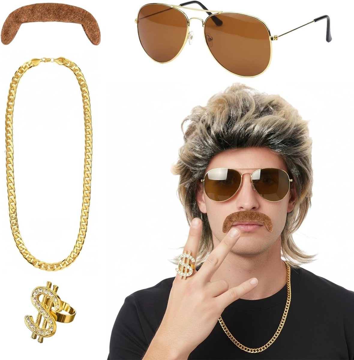 Carnaval kostuum voor mannen met 5-delige set en vokuhila pruik, 70s outfit en accessoires voor feestelijke gelegenheden