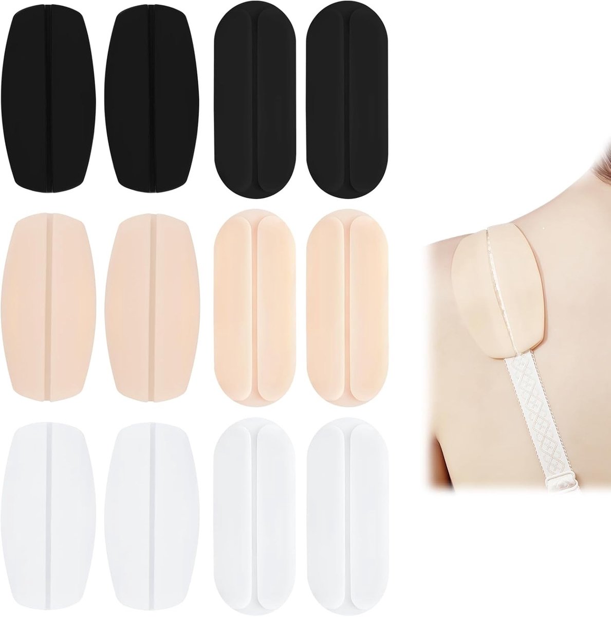 6 Paar Antislip Beugels voor Dames, Silicone Ondersteuning voor Bh's, Comfortabele en Verstelbare Bandjes in Zwart, Wit en Huidskleur