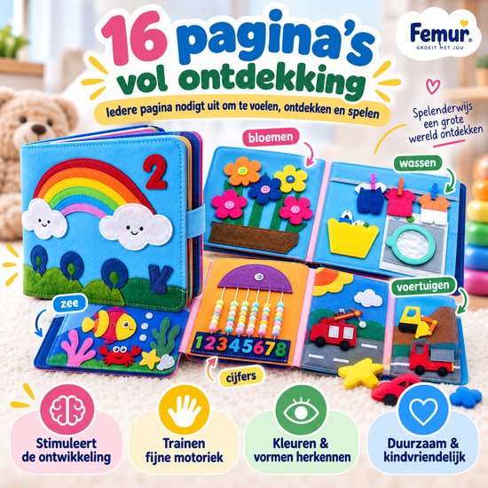 Femur - Regenboog - Speelboek - Vilten - Montessori - XXL - Sensomotorisch - Busy Board - Vilt van Ezeria — afbeelding 5