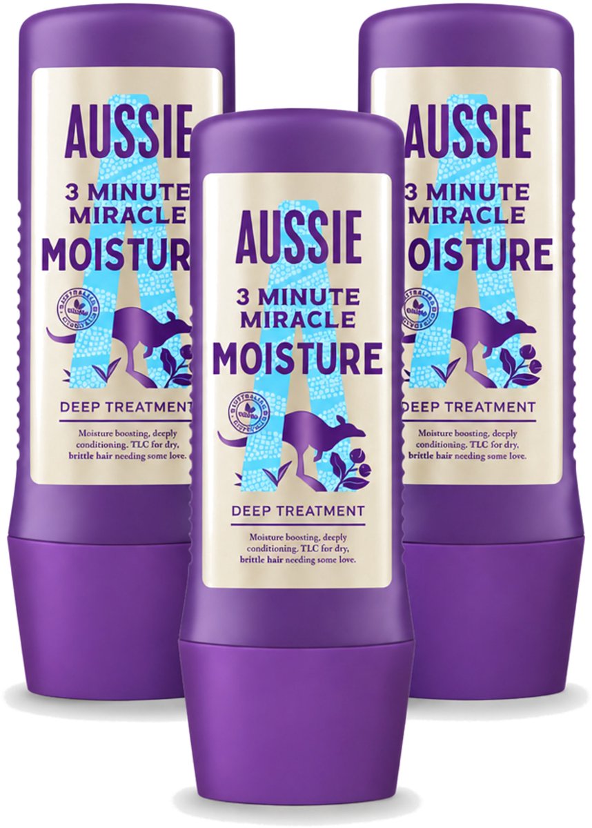 3 x Aussie - Haarmasker - 3 Minute Miracle Moisture - Intensief - Vegan Verzorging - 225 ml - Voordeelverpakking - 3 stuks