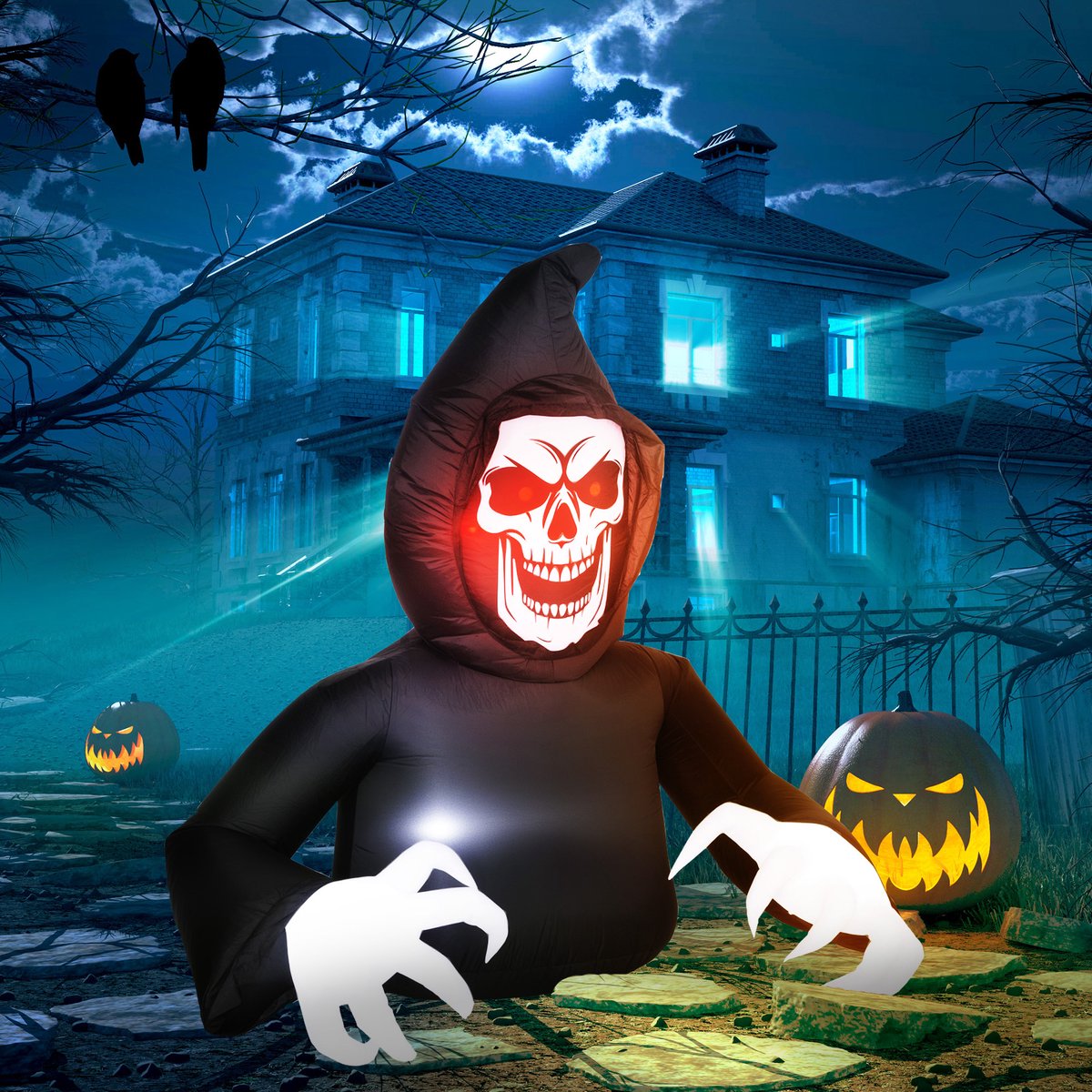 TEKROA® Halloween decoratie - Opblaasbare Halloween-decoratie Magere Hein - ledverlichting - ventilator - stroomkabel - 190B x 115T x 180H cm