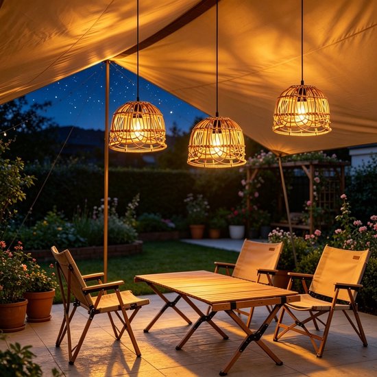Rotan Hanglamp op Batterij – Warm Licht E27 – Afstandsbediening – Werkt op 4 AA-batterijen (niet meegeleverd) – Voor Tuin & Camping — afbeelding 5