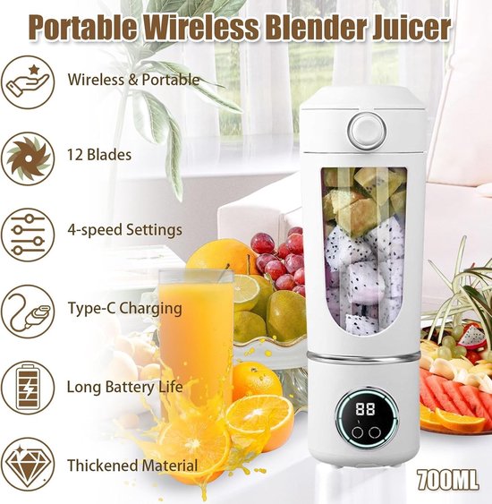 Draagbare Blender 700 ml - 12 RVS Messen - USB-C Oplaadbare Smoothie Maker - 4 Blendmodi voor Shakes Eiwitshakes Koffie en Smoothies - Zelfreinigend - Inclusief Extra Deksel - Blender To Go — afbeelding 2