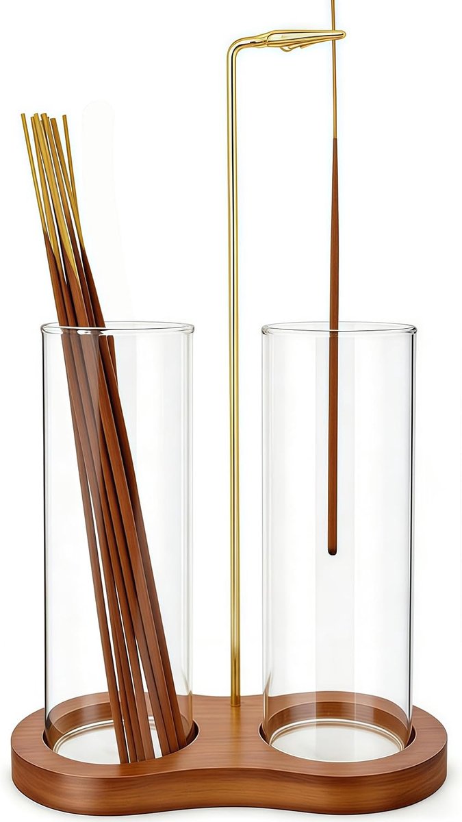 Incense Holder Set - Wooden Stand with 2 Glass Cups and Metal Tongs for Clean Burning Incense, Incense Holder for - ShopVlot
