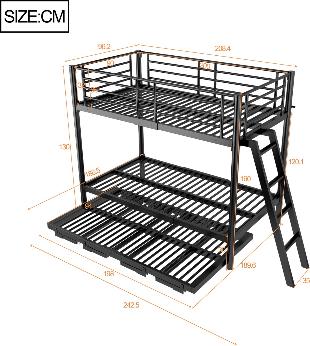 DESMIU Stapelbed 90 x 200 cm – Uitschuifbaar Onderbed Tot 180 x 200 cm – Ruimtebesparend Voor Kinderkamer – Metaal En Hout – Zwart – Zonder Matras